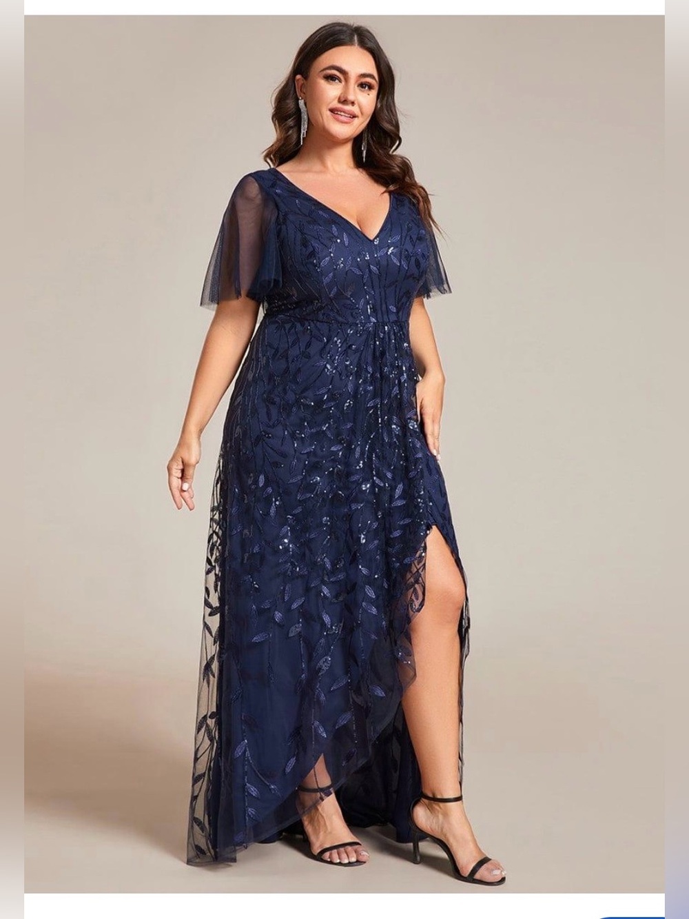 Elegant Navy V-Neck Embellished Evening Dress NWOT